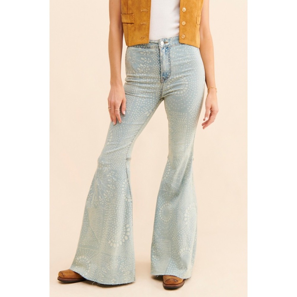 Free People Just‎ Float On Flare Jeans Light Blue Dotted Mandala Print High Rise